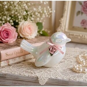 Vintage Fenton White Iridescent Glass Bird Figurine Pink Ribbon Ceramic Flower